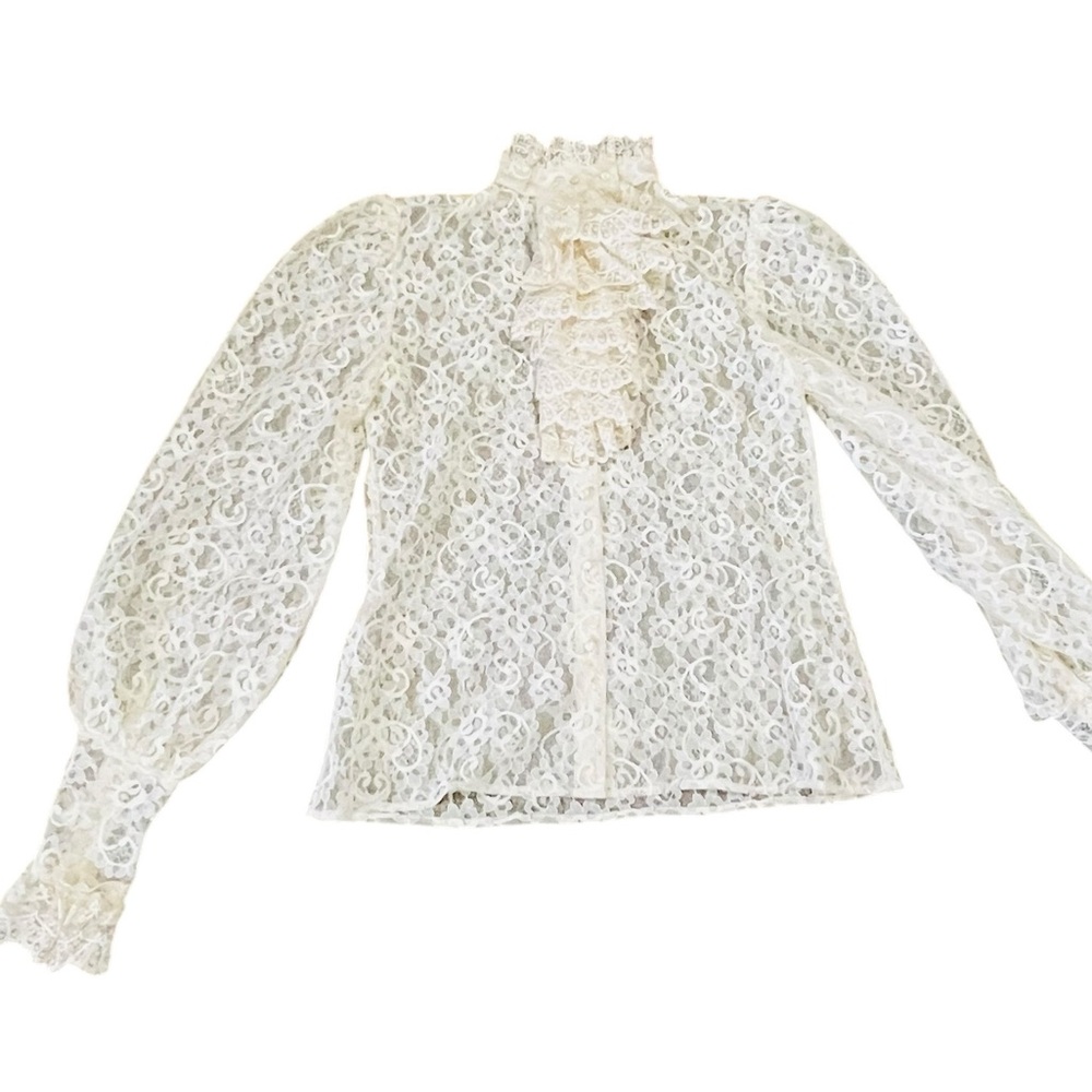 Vintage Victorian goth steampunk Elegant Lace Ruffle Blouse cream size 10